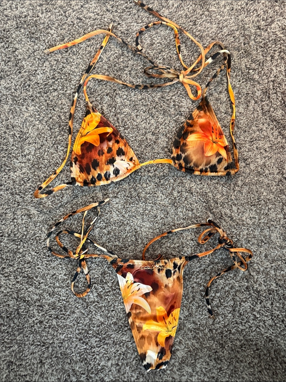 Animal Print Orange Floral Tie-Side Bikini Set